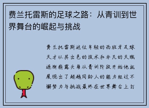 费兰托雷斯的足球之路：从青训到世界舞台的崛起与挑战